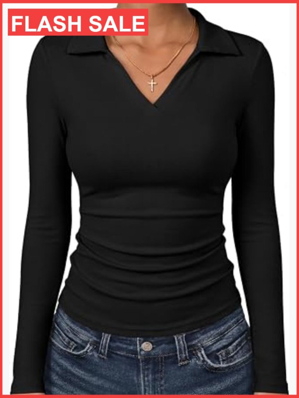 Women's Long Sleeve Fitted V-Neck Polo Shirt Casual Top